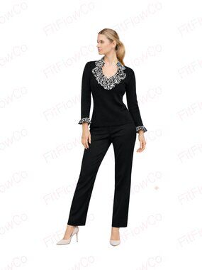 WHBM Black Silk Blend Knit Sweater Top Ruffle Abstract Print Collar Long Sleeve